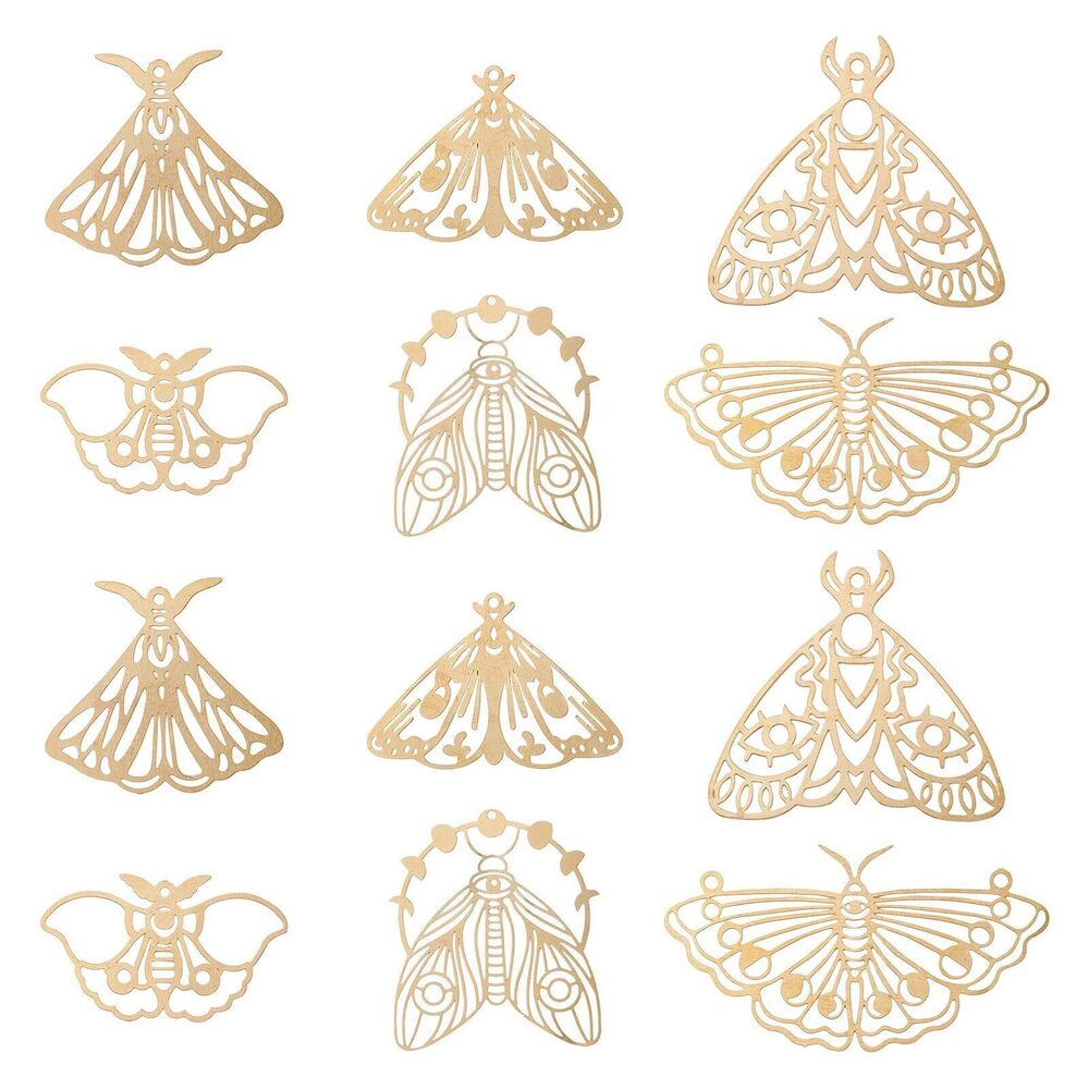9864 12pcs 6 Styles Brass Moth, Butterfly and Luna Moth Charms for Jewelry